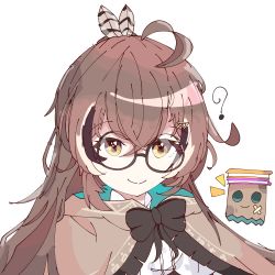 Rule 34 | 1girl, ?, ahoge, bespectacled, book, book stack, brown capelet, brown cloak, brown hair, capelet, cloak, feather hair ornament, feathers, friend (nanashi mumei), glasses, hair ornament, hairclip, highres, hololive, hololive english, koyoinacho, long hair, multicolored hair, nanashi mumei, ponytail, ribbon, round eyewear, smile, streaked hair, very long hair, virtual youtuber, yellow eyes