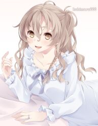 Rule 34 | 1girl, alternate costume, braid, brown eyes, commentary request, dress, frilled dress, frills, hair between eyes, kantai collection, kukimaru, light brown hair, messy hair, nightgown, side braid, single braid, smile, solo, twitter username, white dress, zara (kancolle)