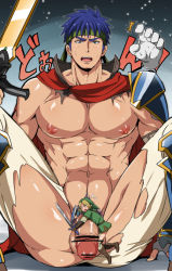 Rule 34 | 2boys, abs, bara, blonde hair, blue hair, blush, boots, brown footwear, brown gloves, censored, covered erect nipples, fire emblem, flaccid, gloves, green shirt, hat, headband, holding, holding weapon, ike (fire emblem), knee boots, link, macro, male focus, master hand, multiple boys, muscular, navel, nintendo, nipples, open mouth, penis, pointless censoring, shirt, short hair, shoulder pads, sitting, spread legs, super smash bros., sweatdrop, sword, the legend of zelda, torn clothes, weapon, yaoi, ygyg2200