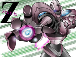 Rule 34 | clenched hand, copyright name, dkringo (newleader), fighting stance, humanoid robot, mecha, no humans, outstretched hand, powering up, robot, silver general (zentrix), simple background, striped, striped background, zentrix