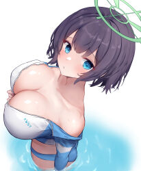 Rule 34 | 1girl, absurdres, bikini, black hair, blue archive, blue bikini, blue eyes, blush, breasts, cleavage, collarbone, cowboy shot, from above, from side, green halo, halo, highres, large breasts, long sleeves, looking at viewer, official alternate costume, raglan sleeves, rash guard, saki (blue archive), saki (swimsuit) (blue archive), short hair, simple background, solo, swimsuit, wading, water, white background, yuuki shuri