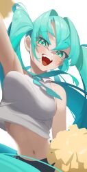 Rule 34 | 1girl, absurdres, aqua eyes, aqua hair, aqua necktie, blush, breasts, cheerleader, collared shirt, commentary request, double-parted bangs, grey shirt, hair between eyes, hatsune miku, highres, large breasts, long hair, looking at viewer, midriff, navel, necktie, open mouth, pom pom (cheerleading), shirt, simple background, single bare shoulder, sleeveless, sleeveless shirt, smile, solo, teeth, twintails, unimaru illust, upper body, upper teeth only, very long hair, vocaloid, white background