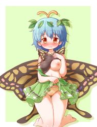 Rule 34 | 1girl, antennae, aqua hair, arinu, bad anatomy, bad perspective, barefoot, black shirt, blush, border, breasts, butterfly wings, closed mouth, clothes lift, eternity larva, fairy, green skirt, hair between eyes, highres, insect wings, large breasts, leaf, leaf on head, lifted by self, nipples, orange eyes, orange panties, panties, polka dot, polka dot panties, shirt, short hair, short sleeves, single strap, skirt, skirt lift, solo, touhou, underwear, wavy mouth, white border, wings