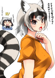 Rule 34 | 2girls, alternate hair length, alternate hairstyle, animal ears, arm at side, arrow (symbol), black hair, blush, breasts, brown eyes, chibi, closed eyes, common raccoon (kemono friends), crab-eating raccoon (kemono friends), cropped torso, extra ears, eyelashes, facing another, fang, flustered, flying sweatdrops, from side, furrowed brow, grey hair, hair between eyes, hand up, highres, isna (footprintsofisna), kemono friends, looking at viewer, medium breasts, medium hair, multicolored hair, multiple girls, open mouth, orange shirt, raccoon ears, raccoon girl, raccoon tail, shirt, short sleeves, simple background, smile, tail, taut clothes, taut shirt, translation request, upper body, white background, white hair
