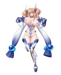 Rule 34 | 1girl, aoi nagisa (metalder), bare shoulders, beads, bikini, bikini top only, blonde hair, blue eyes, blue gloves, blush, boots, breasts, choker, collarbone, covered navel, curvy, detached sleeves, embarrassed, female focus, fingerless gloves, full body, furrowed brow, gloves, gluteal fold, groin, hair between eyes, hair ornament, half-closed eyes, hands up, highleg, highleg leotard, highres, impossible clothes, jumping, large breasts, leg up, leotard, lips, long hair, looking at viewer, moaning, nipples, official art, onizaki kirara, open mouth, partially fingerless gloves, shiny clothes, shiny skin, simple background, solo, standing, stomach, string bikini, swimsuit, taimanin (series), taimanin asagi kessen arena, taimanin rpgx, thighhighs, thong leotard, twintails, untied bikini, white background, white bikini, wide sleeves