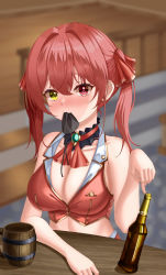Rule 34 | 1girl, :3, absurdres, alcohol, ascot, bare shoulders, beer, black choker, blush, bottle, breasts, brooch, choker, cleavage, cropped jacket, cup, eyepatch, frilled choker, frilled shirt collar, frills, gold trim, hair ribbon, heterochromia, highres, hololive, hololive fantasy, houshou marine, jacket, jewelry, large breasts, long hair, looking at viewer, midriff, red ascot, red eyes, red hair, red jacket, red ribbon, ribbon, siru, sleeveless, sleeveless jacket, smile, solo, tankard, twintails, virtual youtuber, yellow eyes
