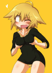 Rule 34 | 1girl, :d, ahoge, blonde hair, blush, breasts, breasts squeezed together, collarbone, gluteal fold, heart, konohana saku, looking to the side, one eye closed, open mouth, original, panties, shirt, short sleeves, simple background, smile, solo, underwear, yellow background, yellow panties
