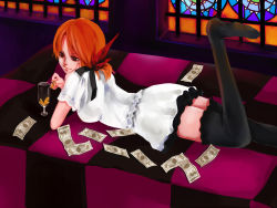 Rule 34 | 1girl, bad id, bad pixiv id, black thighhighs, chako nejio, champagne glass, coin, feet, female focus, lying, money, nami (one piece), on stomach, one piece, orange hair, parody, red hair, ribbon, short hair, solo, stained glass, thighhighs, vocaloid, world is mine (vocaloid)
