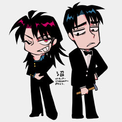 Rule 34 | 2boys, artist name, bags under eyes, black bow, black bowtie, black eyes, black hair, black jacket, black pants, blazer, blue shirt, bow, bowtie, chibi, collared shirt, commentary request, dated, formal, frown, full body, grin, hammer, highres, holding, holding hammer, ichijou seiya, jacket, kaiji, long hair, long sleeves, looking at viewer, male focus, medium bangs, multiple boys, murakami tamotsu, one eye closed, pants, red eyes, red hair, shirt, simple background, smile, standing, suit, unknown03162, white background