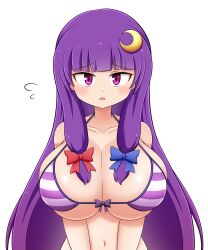 Rule 34 | 1girl, absurdres, bikini, blue bow, blunt bangs, blush, bow, breasts, collarbone, commentary request, crescent, crescent hair ornament, flying sweatdrops, hair bow, hair ornament, highres, huge breasts, long hair, looking at viewer, navel, no headwear, open mouth, patchouli knowledge, purple bow, purple eyes, purple hair, red bow, simple background, solo, striped bikini, striped clothes, swimsuit, touhou, upper body, very long hair, white background, zn (doakes00)