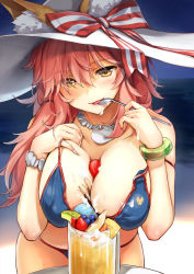 Rule 34 | 10s, 1girl, animal ears, bare shoulders, between breasts, bikini, blue bikini, bow, bracelet, breasts, cleavage, day, ears through headwear, fate/extra, fate/grand order, fate (series), food, fox ears, fruit, glass, hat, hat bow, highres, holding, jewelry, large breasts, leaning forward, long hair, looking at viewer, necklace, outdoors, pink hair, smile, solo, spoon, strawberry, striped, striped bow, summer, sun hat, swimsuit, tamamo (fate), tamamo cat (fate), tamamo no mae (fate/extra), tamamo no mae (swimsuit lancer) (fate), tamamo no mae (swimsuit lancer) (third ascension) (fate), umakuchi shouyu (into-rain), white hat, yellow eyes