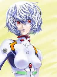 Rule 34 | 1girl, ayanami rei, bodysuit, breasts, breasts apart, hair between eyes, highres, kazmaru son, looking at viewer, neon genesis evangelion, open mouth, parted lips, plugsuit, red eyes, short hair, silver hair, small breasts, solo, upper body, white bodysuit, yellow background