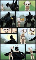 Rule 34 | black eyes, carrying, comic, demon girl, flower, food, fruit, heart, highres, horns, lifting person, loincloth, midriff, original, robot, sage (mami1210), silent comic, size difference, sweatdrop, white hair