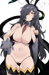 Rule 34 | 1girl, ?, absurdres, ahoge, animal ears, asymmetrical gloves, bare shoulders, between breasts, bikini, black bikini, black hair, black hairband, black pubic hair, breasts, cleavage, closed mouth, collarbone, cowboy shot, detached collar, elbow gloves, fake animal ears, female pubic hair, frown, gloves, grey gloves, hair over one eye, hairband, hand on own hip, highleg, highleg bikini, highres, large breasts, legs together, long hair, micro bikini, navel, necktie, necktie between breasts, nyong nyong, original, pubic hair, pubic hair peek, rabbit ears, red necktie, sidelocks, simple background, single elbow glove, solo, split mouth, spoken question mark, swimsuit, thighhighs, thighs, underboob, white background, yellow eyes