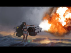 Rule 34 | 10s, 1girl, bad id, bad pixiv id, bare shoulders, black eyes, black hair, cannon, fire, firing, furukawa herzer, headgear, highres, kantai collection, letterboxed, long hair, looking to the side, midriff, military, miniskirt, muzzle flash, nagato (kancolle), ocean, outstretched arm, skirt, sky, solo, thighhighs, very long hair, water