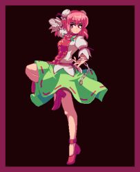 Rule 34 | 1girl, bandaged arm, bandages, black background, bun cover, chinese clothes, closed mouth, cuffs, double bun, flower, full body, green skirt, hair bun, high heels, ibaraki kasen, leaf, looking at viewer, pink background, pink flower, pink hair, pink rose, pixel art, potemki11, puffy short sleeves, puffy sleeves, red eyes, ribbon-trimmed skirt, ribbon trim, rose, shackles, shirt, short hair, short sleeves, simple background, skirt, smile, solo, standing, standing on one leg, tabard, touhou, white shirt