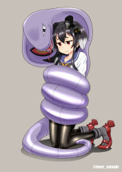 Rule 34 | 1girl, anchor symbol, arbok, black hair, black pantyhose, blush, bound, chain, closed mouth, commentary request, commission, constriction, creatures (company), crossover, dress, fangs, game freak, gen 1 pokemon, gradient hair, grey background, hair between eyes, highres, kantai collection, kneeling, multicolored hair, neckerchief, nintendo, pantyhose, pokemon, pokemon (creature), red eyes, rudder footwear, sailor collar, sailor dress, satsuki inari, short hair with long locks, simple background, skeb commission, tokitsukaze (kancolle), tongue, twitter username, white dress, white hair, yellow neckerchief
