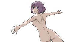 Rule 34 | 1girl, amatani mutsu, ass, back, backboob, blue eyes, breasts, colored pencil (medium), exhibitionism, looking at viewer, looking back, no eyewear, nude, outstretched arms, public indecency, purple hair, short hair, simple background, smile, solo, sounan desuka?, standing, traditional media, watanabegenn, white background