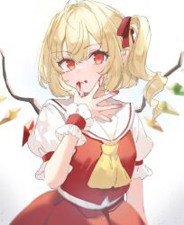 Rule 34 | 1girl, arm at side, bat wings, blonde hair, collar, crystal, drill hair, eyelashes, fingernails, flandre scarlet, hair between eyes, hair ribbon, hand up, head tilt, highres, licking, licking finger, looking at viewer, multicolored wings, neckerchief, open hand, paragasu (parags112), puffy short sleeves, puffy sleeves, rainbow order, red eyes, red ribbon, red shirt, red skirt, ribbon, sauce, shirt, short hair, short sleeves, side drill, side ponytail, simple background, skirt, slit pupils, solo, tongue, tongue out, touhou, v-shaped eyebrows, white background, white collar, white shirt, wings, yellow neckerchief