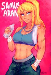 Rule 34 | 1girl, abs, bandaid, bandaid on arm, biceps, blonde hair, blue eyes, bottle, breasts, camouflage, camouflage pants, casual, chain necklace, character name, cleavage, hand in pocket, iahfy, jewelry, lips, long hair, medium breasts, metroid, midriff, mole, mole under mouth, necklace, nintendo, nose, pants, pink background, ponytail, samus aran, solo, sports bra, stomach, sweat, swept bangs, toned, towel, towel on one shoulder, water bottle, wrist wrap
