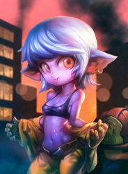 Rule 34 | 1girl, :p, bare shoulders, blue skin, breasts, cleavage, colored skin, earrings, firefighter, hat, helmet, highres, hip focus, jacket, jewelry, league of legends, long sleeves, midriff, navel, pants, phantom ix row, pointy ears, short hair, small breasts, smile, solo, solo focus, sweat, tank top, tongue, tongue out, tristana, undressing, white hair, yellow eyes, yordle