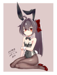 Rule 34 | 1girl, alternate hairstyle, animal ears, araki (qbthgry), artist name, black bow, black bowtie, black hair, black leotard, black pantyhose, border, bow, bowtie, brown background, brown pantyhose, commentary request, dated, detached collar, fake animal ears, full body, hair ribbon, high heels, leotard, looking at viewer, nanjou remon, pantyhose, playboy bunny, ponytail, rabbit ears, rabbit tail, red bow, red eyes, red footwear, red ribbon, ribbon, ring dream, sitting, solo, tail, translation request, two-tone background, wariza, white border, wrist cuffs