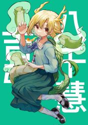 Rule 34 | 1girl, antlers, arm up, chinese text, copyright request, dragon tail, green background, green shirt, green skirt, highres, horns, kicchou yachie, kneehighs, looking at viewer, mary janes, otter, red eyes, shirt, shoes, short sleeves, skirt, socks, tail, yuejinlin