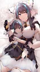 Rule 34 | 2girls, absurdres, azur lane, bell, black hair, breasts, cheshire (azur lane), cleavage, commentary request, detached collar, garter straps, grey eyes, hair between eyes, highres, hug, little cheshire (azur lane), looking at viewer, maid headdress, multicolored hair, multiple girls, name connection, samip, short hair, short hair with long locks, sidelocks, simple background, size difference, sleeveless, streaked hair, two-tone hair, white legwear, wrist cuffs