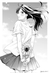 Rule 34 | 1girl, blush, cloud, collared shirt, corrupted twitter file, cowboy shot, day, floating hair, flower, from behind, gradient sky, highres, holding, holding behind back, holding flower, leaf, long hair, looking afar, looking back, monochrome, nape, original, outside border, parted lips, pleated skirt, saitou shiori (pixiv14549321), shirt, short sleeves, skirt, sky, solo, stalk, summer, sunflower, sweat, turning head, twitter username, wind