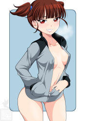 Rule 34 | 1girl, areola slip, artist logo, bird, black jacket, blue background, blue jacket, blunt bangs, blush, breasts, breath, collarbone, cowboy shot, girls und panzer, gluteal fold, grin, hair up, hand in pocket, highres, ichijou takakiyo, jacket, keizoku military uniform, light blush, lips, long sleeves, looking at viewer, medium breasts, midriff, mikko (girls und panzer), naked jacket, navel, no pants, no shirt, open clothes, open jacket, opened by self, outside border, partially unzipped, red eyes, red hair, seal script, short twintails, smile, solo, standing, twintails, zipper, zipper pull tab