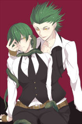 Rule 34 | arc system works, belt, blazblue, frown, green hair, hazama, highres, male focus, selfcest, shirt, short hair, smile, snake, spiked hair, yaoi, yellow eyes, you gonna get raped