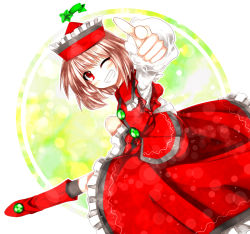Rule 34 | 1girl, female focus, foreshortening, grin, hat, kazetto, lyrica prismriver, pointing, red eyes, smile, solo, touhou, wink