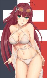 Rule 34 | 1girl, ahoge, arcie albano, azur lane, bikini, breasts, commentary, cowboy shot, english commentary, eyewear on head, green eyes, halterneck, large breasts, leaning forward, long hair, looking at viewer, open mouth, orange-tinted eyewear, red hair, robe, solo, sunglasses, surcouf (azur lane), swimsuit, tinted eyewear, white bikini, white robe