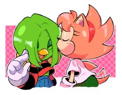 Rule 34 | 2girls, ^ ^, afterimage, amy rose, beak, bird girl, blouse, blue skirt, blush, bob cut, body fur, closed eyes, earrings, female focus, flat chest, from side, furry, furry female, furry with furry, gloves, green fur, green hair, green skirt, hair over one eye, hairband, hand up, happy, highres, hoop earrings, jewelry, leaning forward, light blush, long sleeves, midriff peek, motion lines, multiple girls, one eye covered, open mouth, parted bangs, pink fur, pink hair, pleated skirt, profile, red hairband, red shirt, shirt, short hair, short sleeves, sidelocks, skirt, smile, sonic (series), sonic the comic, sonic the hedgehog (classic), spiked hair, standing, stellarspin, striped clothes, striped shirt, tail, tail wagging, tekno the canary, two-tone fur, u u, upper body, white gloves, white shirt, yuri