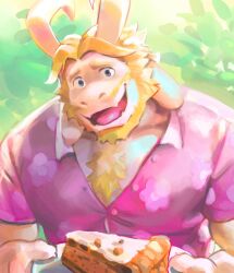 Rule 34 | 1boy, animal ears, asgore dreemurr, blonde hair, blue eyes, chest hair, facial hair, fangs, floppy ears, floral print, food, furrowed brow, furry, furry male, goat boy, goat ears, goat horns, holding, holding plate, horns, looking at viewer, male focus, pie, pink shirt, plant, plate, saltypoundcake, shirt, smile, solo, undertale