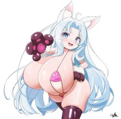 Rule 34 | 1girl, absurdres, ahoge, animal ears, animal hands, bikini, blue eyes, blush, breasts, brown thighhighs, covered erect nipples, fang, fox ears, gigantic breasts, gloves, hand on own hip, highres, long hair, lyda093, micro bikini, open mouth, oppai loli, original, paw gloves, shortstack, signature, simple background, skindentation, slingshot swimsuit, smile, solo, swimsuit, thick thighs, thighhighs, thighs, very long hair, white background, white hair, wide hips
