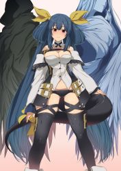 Rule 34 | 1girl, angel wings, ao (aocooler), asymmetrical wings, bare shoulders, belt, black thighhighs, blue hair, blush, bow, breasts, choker, cleavage, commission, detached collar, detached sleeves, dizzy (guilty gear), eyelashes, gluteal fold, guilty gear, guilty gear xrd, hair between eyes, hair bow, hair ornament, large breasts, long hair, long sleeves, looking at viewer, monster girl, necro (guilty gear), off shoulder, red eyes, ribbon, sidelocks, skeb commission, skindentation, smile, solo, standing, tail, tail bow, tail ornament, thick thighs, thigh gap, thighhighs, thighs, undine (guilty gear), wings, yellow ribbon