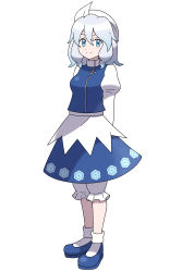 Rule 34 | 1girl, absurdres, apron, asatsuki (fgfff), bloomers, blue dress, blue eyes, blue footwear, blue hair, blue skirt, breasts, dress, full body, highres, ice, juliet sleeves, letty whiterock, light blue hair, long sleeves, medium hair, polearm, puffy sleeves, shirt, simple background, skirt, small breasts, smile, solo, standing, touhou, trident, turtleneck, underwear, waist apron, weapon, white background, white headwear, white legwear, white shirt, yuki onna