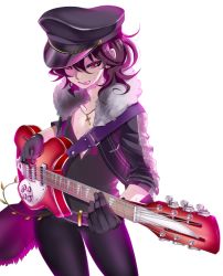 Rule 34 | 10s, 1boy, androgynous, belt, brown hair, collarbone, cowboy shot, cross, earrings, ensemble stars!, fur, gloves, guitar, hat, jacket, licking lips, looking at viewer, male focus, pink eyes, sakuma rei (ensemble stars!), shiraishi asuka, simple background, solo, sweat, thick thighs, thighs, v-neck, white background