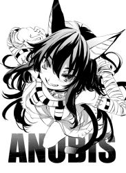 Rule 34 | 1girl, animal ears, anubis (mythology), bandages, black hair, cat ears, cat girl, cat tail, female focus, greyscale, grin, jewelry, long hair, lots of jewelry, monochrome, shunsei (muratou), smile, solo, tail, white background