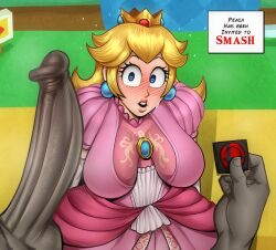 Rule 34 | 1boy, 1girl, blonde hair, blue eyes, blush, breasts, clothed female nude male, clothes, condom, crown, dark-skinned male, dark skin, detnox, dress, earrings, english text, erection, highres, huge penis, jewelry, large breasts, long hair, mario (series), nintendo, nude, penis, piercing, pov, princess peach, robe, speech bubble, super mario bros. 1, super smash bros., surprised, testicles