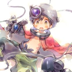 Rule 34 | 1boy, :o, android, black hair, cape, child, collar, dutch angle, facial mark, fake horns, green eyes, green pants, helmet, horned helmet, kuga tsukasa, looking at viewer, made in abyss, male focus, mechanical arms, navel, pants, red cape, regu (made in abyss), simple background, solo, white background