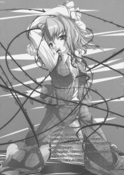 Rule 34 | 1girl, akatsuki shimeji, arms up, barefoot, breasts, female focus, greyscale, highres, kazami yuuka, kneeling, large breasts, licking, monochrome, no panties, open clothes, open skirt, plaid, plaid skirt, plaid vest, plant, short hair, skirt, skirt set, solo, spread legs, tongue, touhou, vest, vines