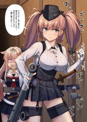 Rule 34 | 2girls, anchor hair ornament, atlanta (kancolle), bdsm, black headwear, black ribbon, black serafuku, black skirt, blonde hair, blue eyes, blush, bondage, bound, breasts, brown hair, buttons, clenched hand, club, club (weapon), commentary request, earrings, gag, gagged, garrison cap, garter straps, hair flaps, hair ornament, hair ribbon, hairclip, hat, high-waist skirt, highres, holding, holding weapon, ichikawa feesu, improvised gag, jewelry, kanabou, kantai collection, katana, knocking, large breasts, long hair, long sleeves, multiple girls, neckerchief, parted lips, pleated skirt, red eyes, red neckerchief, restrained, ribbon, rope, scarf, school uniform, serafuku, shaded face, sheath, shirt, short sleeves, skirt, speech bubble, spiked club, star (symbol), star earrings, suspender skirt, suspenders, sword, tape, tape gag, tears, translation request, two side up, weapon, white scarf, white shirt, yuudachi (kancolle)