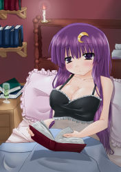 Rule 34 | 1girl, bad id, bad pixiv id, bed, blush, breasts, crescent, crescent hair ornament, female focus, hair ornament, lilith chronos, long hair, patchouli knowledge, purple eyes, purple hair, reading, solo, touhou