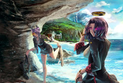 Rule 34 | 10s, 2girls, beach, unworn boot, boots, unworn boots, breasts, cave, cloud, day, eyepatch, fingerless gloves, gloves, halo, headgear, kantai collection, knee boots, multiple girls, necktie, open mouth, outdoors, purple hair, scenery, shoes, short hair, single boot, single shoe, single sock, sky, smile, socks, tatsuta (kancolle), tenryuu (kancolle), thighhighs, yellow eyes, yoshimoto (dear life)