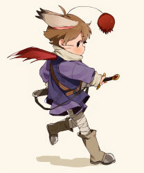 Rule 34 | 1boy, ahoge, animal ears, bandages, beige background, belt, blush, boots, brown hair, commentary, english commentary, final fantasy, from side, highres, holding, holding sword, holding weapon, knee boots, leg wrap, long sleeves, looking at viewer, male focus, moogle, nemui (nemuriyagi), orb, personification, profile, red wings, scarf, sheath, short hair, sideways glance, simple background, solo, sword, tunic, unsheathing, walking, weapon, whiskers, wings