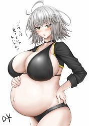 Rule 34 | 1boy, ahoge, bikini, black bikini, black jacket, blush, breasts, choker, cleavage, collarbone, cowboy shot, curvy, dateoyoubun, eyebrows, fate/grand order, fate (series), grey hair, halterneck, highres, huge breasts, jacket, japanese text, jeanne d&#039;arc alter (fate), jeanne d&#039;arc alter (swimsuit berserker) (fate), looking at viewer, outie navel, parted lips, pregnant, ribbon choker, shiny clothes, shiny skin, short hair, sidelocks, signature, skindentation, solo, standing, swimsuit, thighs, translation request, white background, yellow eyes