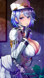 Rule 34 | 1girl, azur lane, black gloves, blue hair, breasts, chapayev (azur lane), cleavage, finger to mouth, from side, gloves, hat, highres, jacket, kura-r9-45, leaning forward, medium hair, mole, mole on breast, peaked cap, purple eyes, skirt, solo, white hat, white jacket, white skirt