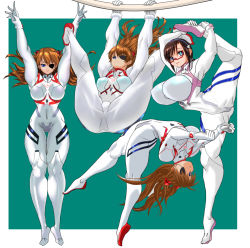 Rule 34 | 2girls, aqua eyes, ass, blue eyes, bodysuit, breasts, brown hair, covered navel, curvy, evangelion: 3.0+1.0 thrice upon a time, eyepatch, flexible, floating, floating hair, full body, gymnastics, large breasts, looking to the side, low twintails, makinami mari illustrious, multiple girls, multiple views, neon genesis evangelion, orange hair, plugsuit, rebuild of evangelion, sawano kiyoshi, shiny clothes, simple background, souryuu asuka langley, split, spread legs, stretching, tiptoes, twintails, two side up, white bodysuit